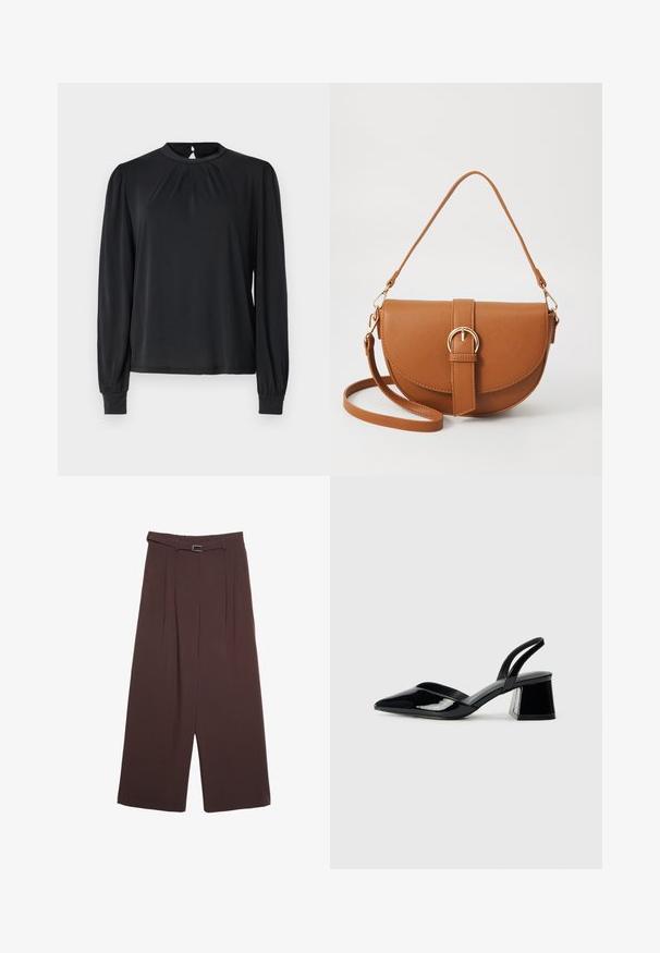Črna bluzica z dolgimi rokavi in visokim ovratnikom, z nabranimi podrobnostmi na sprednjem delu in elastičnimi manšetami. Gladka tkanina z rahlim leskom.; Stradivarius WIDE-LEG WITH BUCKLE DETAIL - Hlače - dark brown; Črne lakirane slingback pete s koničastim nosom in geometrijsko blokasto peto. Imajo eleganten, minimalističen dizajn in gladko teksturo.; Rjava usnjena torbica prek telesa s ukrivljeno obliko, zlate opreme in sponko. Ima odstranljiv naramni trak.