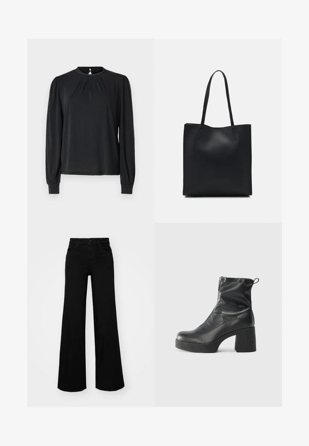 Must mustaga, millel on kõrge kaelus, kokku volditud esiosaga ja elastsete mansettidega. Siledast kangast, millel on kerge sära.; Mustad mustad püksid, mis on valmistatud denimist, struktuurse vöökohtade, vöökootidega ja esikottidega. Sile tekstuur klassikalise disainiga.; Mustad mustad ansapüksid, mis on valmistatud siledast nahast, külje zipperiga, paksu tekstuuriga kontsaga ja ümmarguse nina disainiga.; Mustast nahast kott sujuva tekstuuriga, ristkülikukujuline ja kahe pika sangaga. Pole nähtavat riistvara ega kaunistusi.