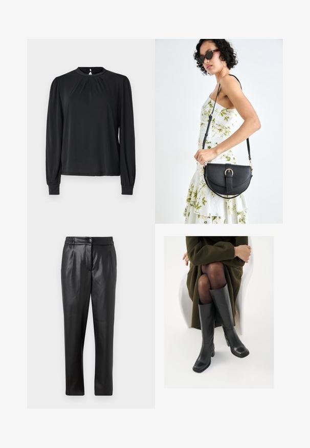 Svart bluse med lange ermer og høy hals, med samlet frontdetalj og elastiske mansjetter. Glatt stoff med en subtil glans.; Sorte skinnbukser med en glatt tekstur, rett passform, elastisk liv, og frontknappelukking; plisserte detaljer og smale ben.; Knæhøye sorte lærstøvler med firkantet tå og blokkhelt, vist med en modell som sitter iført en olivengrønn kåpe. Glatt tekstur, minimal detaljering.; Svart lærveske med en buet form, avtagbar stropp og gullbeslag. Vesken har et klaff med spenne-detall.