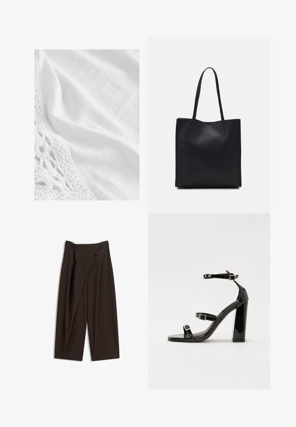 Tessuto bianco con un bordo in pizzo crochet testurizzato, texture liscia e una leggera lucentezza. L'aspetto generale è pulito e minimalista.; Pantaloni a gamba larga marrone scuro con vita alta, dotati di una chiusura con bottone singolo e una parte anteriore plissettata. Realizzati in tessuto leggero.; Sandali con tacco in vernice nera, con punta squadrata, cinturini alla caviglia e fibbie in argento. Presentano un tacco a blocco spesso per maggiore stabilità.; Borsa tote in pelle nera con texture liscia, forma rettangolare e due manici lunghi. Nessun hardware o decorazione visibile.