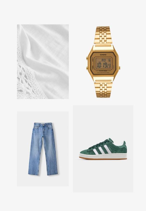 Bílá tkanina s texturovaným krajkovým okrajem, hladkým povrchem a mírným leskem. Celkový vzhled je čistý a minimalistic.; Svetle modré džínové kalhoty s rovnými nohavicemi, s pěti kapsami, předním zapínáním na knoflík a jemným opráním pro texturu.; Zelené semišové tenisky s bílými koženými pruhy, gumovou podrážkou, polstrovaným límcem a minimalistickým designem. Na boku se nachází logo značky.; Zlaté digitální hodinky s obdélníkovým ciferníkem, LCD displejem, nerezovým páskem a tlačítky na boku. Obsahují označení odolnosti proti vodě.