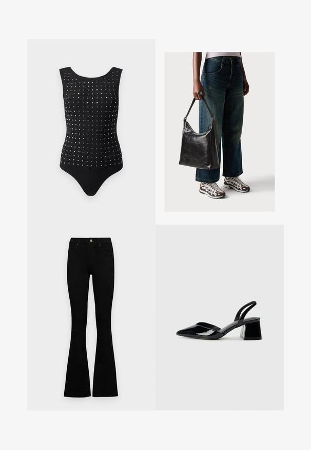 Fato de banho preto com decote arredondado, adornado com lantejoulas quadradas refletoras dispostas em padrão de grelha na frente. Textura de tecido suave.; Jeans pretos de cintura alta com fecho de botão e zíper, bolsos frontais e pernas largas dispostos em cima de um fundo branco.; Sandy em verniz preto com salto slingback, ponta afilada e salto geométrico. Apresenta um design elegante e minimalista com textura suave.; Bolsa de ombro em couro preto com textura suave e alça ajustável, combinada com jeans de perna larga desbotados e ténis desportivos.