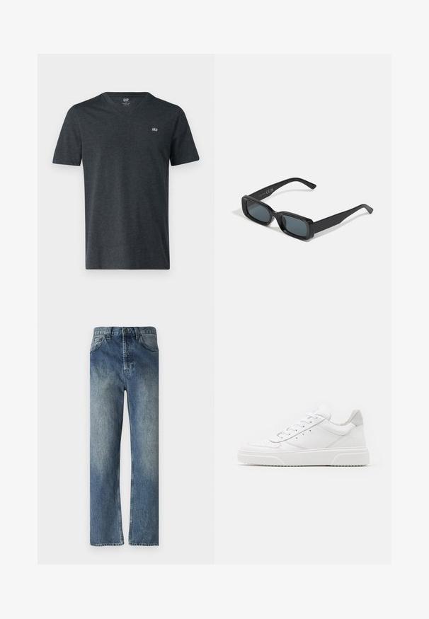 GAP EVERYDAY MICRO LOGO VEE - Základné tričko - charcoal; Modré denimové rifle so strihom rovného nohavice, s vyblednutým umývaním, pútkami na opasok, prednými vreckami a jedným zadným vreckom.; Biele kožené tenisky s hladkým povrchom, zaoblenou špičkou, plochými šnúrkami a textúrovanou podrážkou. Sivý semišový akcent na päte.; Čierne obdĺžnikové slnečné okuliare s tmavými sklami. Lesklý rám, rovné ramená s miernym zakrivením. Minimalistický dizajn, bez ozdôb.