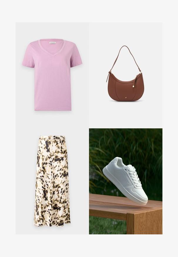 Short-sleeve lavender V-neck t-shirt made from soft fabric, featuring a smooth texture and simple design without patterns or embellishments.; A knee-length skirt in a light fabric with a beige, brown, and green abstract pattern. Features a fitted waistband and flowing design.; White sneaker with a smooth synthetic upper, perforated toe box, flat laces, and a textured sole, displayed on a wooden surface.; Brown faux leather shoulder bag with curved shape, minimal stitching, and a gold-tone hardware accent. Features a top zipper closure and adjustable strap.