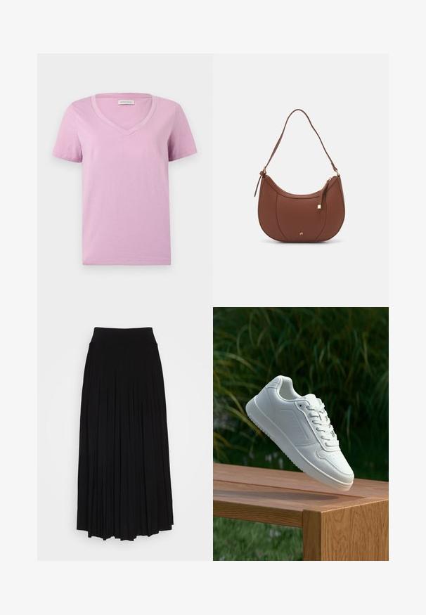 Camiseta de manga corta en lavanda con escote en V, hecha de una tela suave, que presenta una textura lisa y un diseño sencillo sin patrones ni embellishments.; Falda negra con plisados y una cinturilla alta y elástica. Fabricada en una tela suave, presenta plisados verticales que crean una silueta fluida.; Zapatilla blanca con un upper sintético suave, caja de dedos perforada, cordones planos y una suela texturizada, exhibida sobre una superficie de madera.; Bolso de hombro de imitación cuero marrón con forma curva, costura mínima y un acento de hardware en tono dorado. Presenta un cierre de cremallera en la parte superior y una correa ajustable.