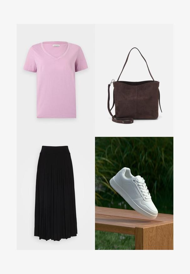 Camiseta de manga corta en lavanda con escote en V, hecha de una tela suave, que presenta una textura lisa y un diseño sencillo sin patrones ni embellishments.; Falda negra con plisados y una cinturilla alta y elástica. Fabricada en una tela suave, presenta plisados verticales que crean una silueta fluida.; Zapatilla blanca con un upper sintético suave, caja de dedos perforada, cordones planos y una suela texturizada, exhibida sobre una superficie de madera.; Bolso tote de ante marrón con una textura suave, que presenta una sola correa para el hombro y una sutil apertura curva en la parte superior. Sin detalles de herrajes visibles.