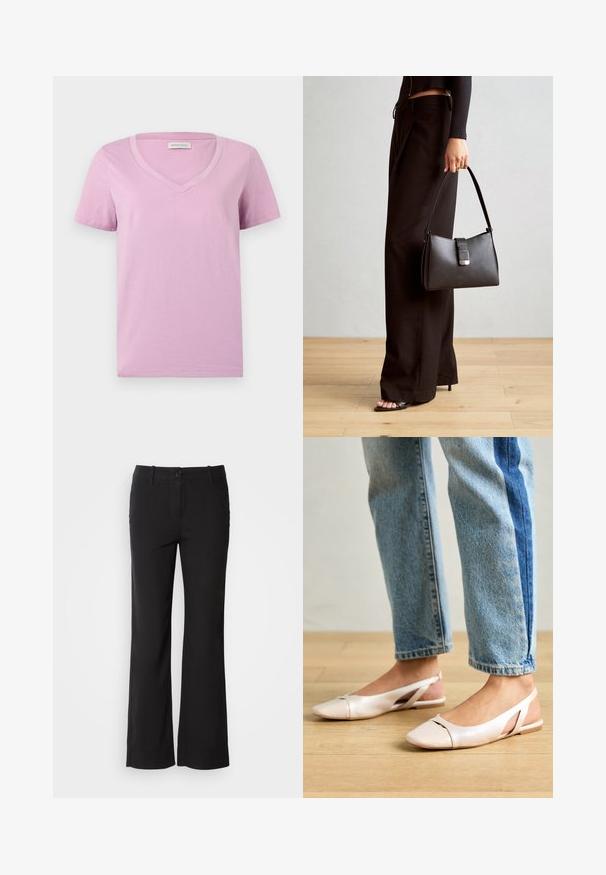 Lühikeste varrukatega lavendlivärvi V-kaelusega T-särk, mis on valmistatud pehmest kangast, millel on sile tekstuur ja lihtne kujundus ilma mustrite või kaunistusteta.; Mustad puuvillasegu püksid sirge lõikega, ees nupuga kinnitamine ja kaks külge taskut. Sile tekstuur, nähtavaid mustreid ei ole.; Kahvatu roosa slingback lapikute jalatsite paar, millel on terav varvas, valmistatud siledast nahataolisest materjalist. Omab külgedel lõikekohti ja lapikut kontsa.; Must musta kott, millel on struktureeritud kuju, sile tekstuur ja metallist klamber. Kombineeritud laiate mustade pükstega ja avatud varvaste sandaalidega puidust põrandal.