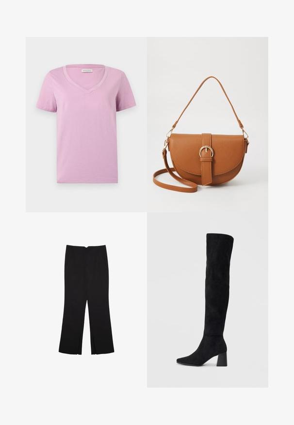 Kortærmet lavendel V-hals t-shirt lavet af blødt stof, med en glat tekstur og et simpelt design uden mønstre eller udsmykninger.; Sorte bukser med lige pasform, der har frontlommer og slidser i kanten. Lavet af blødt, glat stof. Velegnet til forskellige anledninger.; Sorte ruskind støvler i knæhøjde med blokheel, spids tå og glat, sømløs design på en enkel lys baggrund.; Brun læder crossbody taske med en buet form, guldfarvet hardware og en spændeaccent. Har en aftagelig skulderrem.