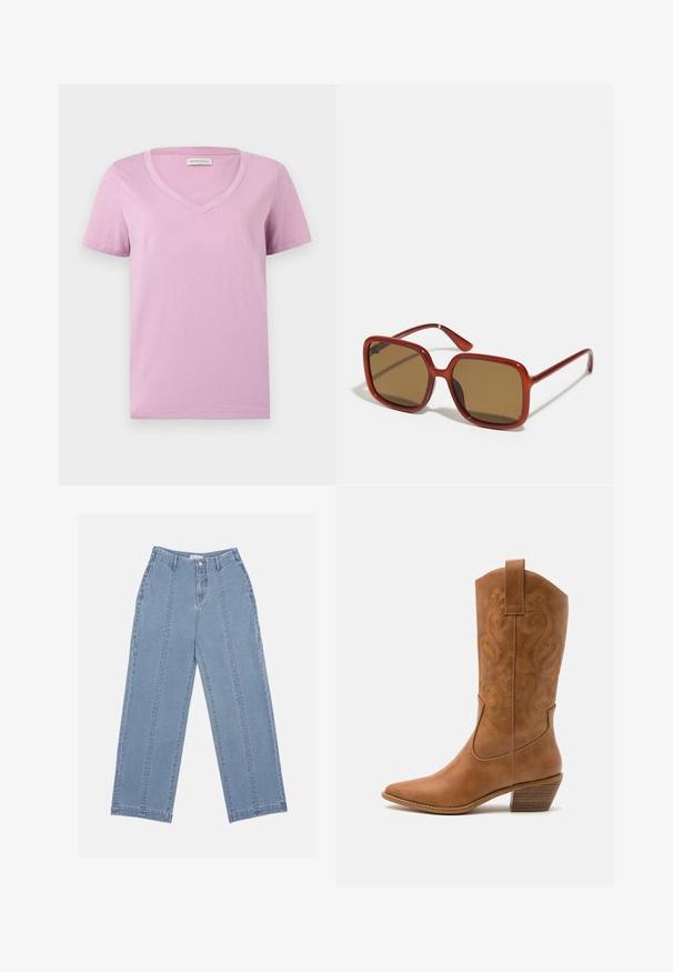 Kortærmet lavendel V-hals t-shirt lavet af blødt stof, med en glat tekstur og et simpelt design uden mønstre eller udsmykninger.; Lyseblå brede jeans lavet af denim. Har høj talje, knaplukning og synlige syninger. Ingen lommer er synlige foran.; Tan læder cowboystøvle med spids tå, broderede svirvelmønstre på skaftet og en stablet blokhæl. Har en træksløjfe for nem af/på.; Røde firkantede solbriller med brune tonede linser. Tykk, blank ramme og smalle stænger med små detaljer på siden for visuel interesse.; Sølv hoop øreringe med en glat, poleret overflade. Rund form og sikker klik-lukning. Letvægtsdesign, der er velegnet til hverdagsbrug.