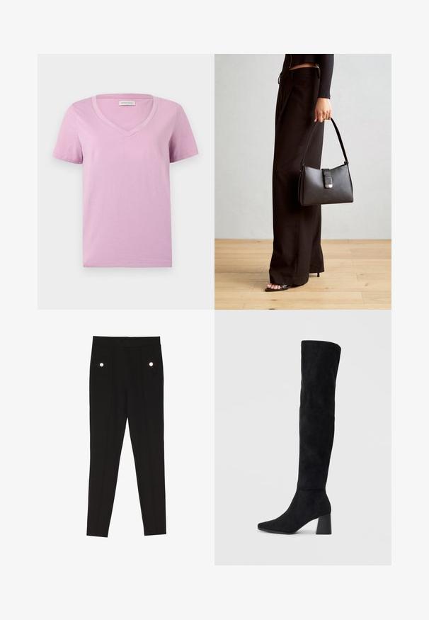 Tričko s krátkým rukávem v levandulové barvě s výstřihem do V, vyrobené z měkkého materiálu, s hladkou texturou a jednoduchým designem bez vzorů a ozdob.; Černé kalhoty na míru s hladkým povrchem, které disponují dvěma předními kapsami se zdobnými kovovými detaily a slim-fit střihem.; Černé semišové vysoké boty s blokovým podpatkem, špičatou špičkou a hladkým, bezšvovým designem na jednoduchém světlém pozadí.; Černá kabelka se strukturovaným tvarem, hladkým povrchem a kovovým uzávěrem. Kombinována s širokými černými kalhotami a sandály s otevřenou špičkou na dřevěné podlaze.