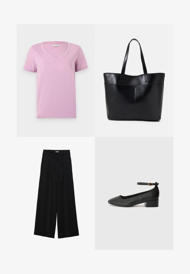 Svakrātā ar īsām piedurknēm lavandas krāsas V veida kakla T-krekls, izgatavots no mīkstas auduma, ar gludu tekstūru un vienkāršu dizainu, bez rakstiem vai rotājumiem.; Melni platleņķa bikses ar teksturētu audumu, elastīgu jostu un noņemamu siksnu viduklī, kas nodrošina regulējamu piegulšanu.; Melnas ādas sūkņi ar smailu purngalu un zemu bloku papēdi. Iezīmēts ar potītes siksniņu ar zelta krāsas sprādzi. Gluda tekstūra.; Melnas ādas iepirkumu soma ar divām garām rokturām, gludu tekstūru un strukturētu formu. Iekļauj priekšējo kabatu papildu uzglabāšanai.; Sudraba riņķveida auss gredzeni ar gludu, pulētu apdari. Apaļa forma un drošs klikšķa augšējais slēgums. Viegls dizains, kas piemērots ikdienas valkāšanai.