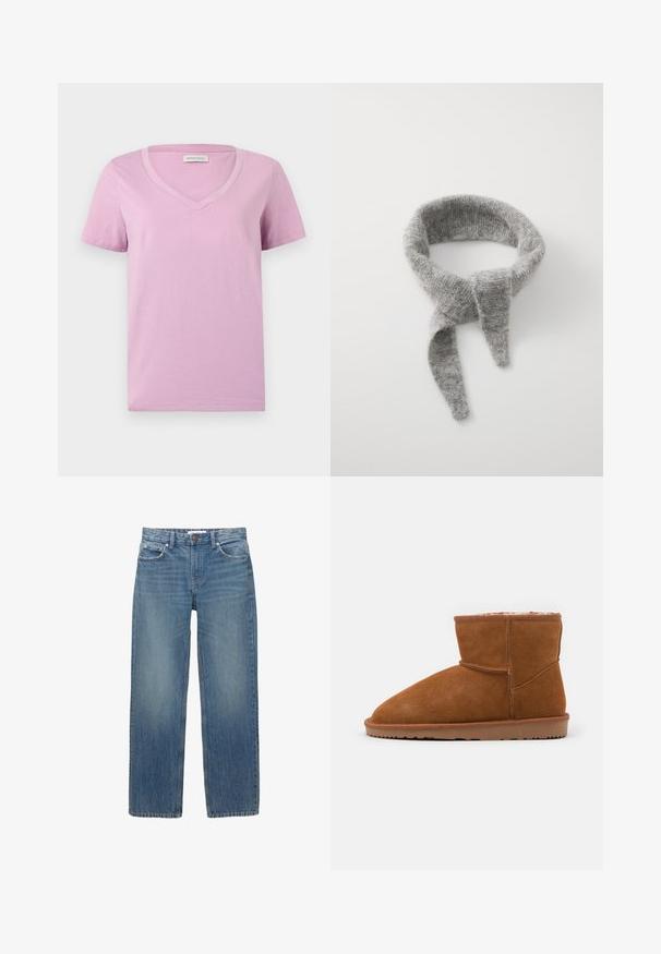 T-shirt a maniche corte color lavanda con scollatura a V, realizzato in tessuto morbido, caratterizzato da una texture liscia e da un design semplice senza motivi o embellimenti.; Jeans in denim azzurro chiaro con taglio dritto, cinque tasche e accessori in tonalità rame. Il tessuto presenta una leggera scoloritura e una texture liscia.; Stivale alla caviglia in suede marrone con punta arrotondata e fodera morbida, dotato di suola in gomma piatta e dettagli di cucitura minimi.; Samsøe Samsøe DIAMOND SCARF - Sciarpa - grey melange