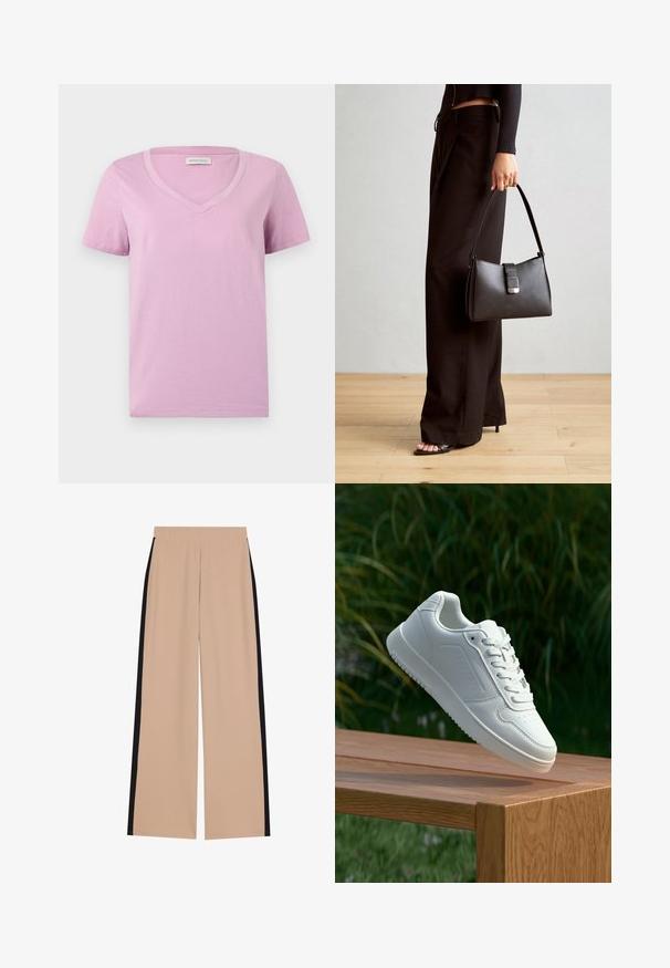 T-shirt de decote em V de manga curta em lavanda, feita de tecido macio, com uma textura suave e um design simples, sem padrões ou adornos.; Calças largas bege com uma textura suave, apresentando riscas laterais pretas. A cintura é elástica para conforto e fácil colocação.; Sapatilha branca com um cabedal sintético liso, caixa dos dedos perfurada, atacadores planos e uma sola texturizada, exposta sobre uma superfície de madeira.; Bolsa preta com forma estruturada, textura suave e um fecho metálico. Combinada com calças largas pretas e sandálias de salto aberto sobre um chão de madeira.