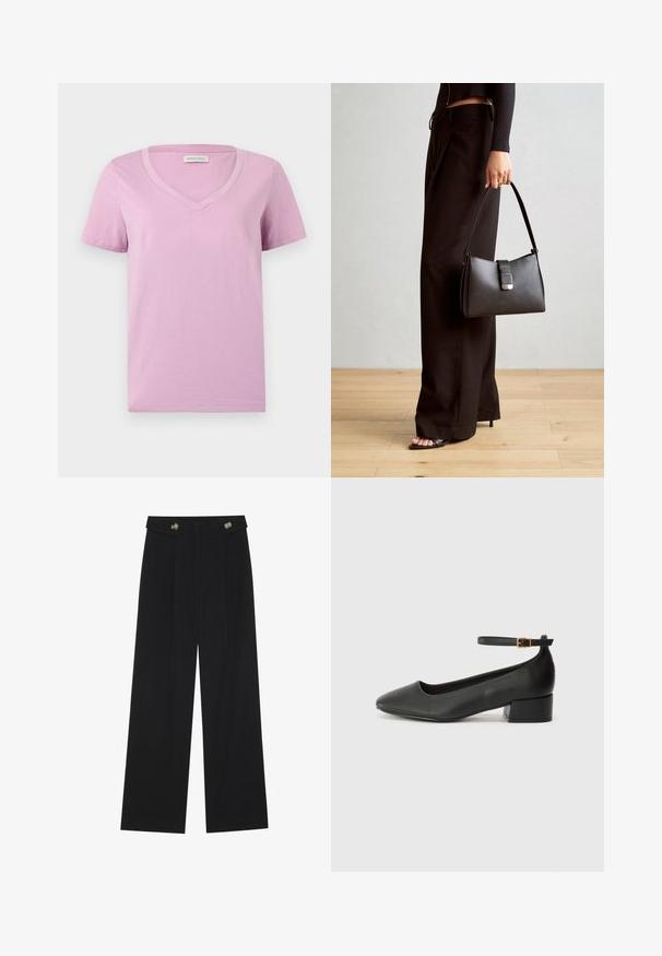 Short-sleeve lavender V-neck t-shirt made from soft fabric, featuring a smooth texture and simple design without patterns or embellishments.; Black wide-leg trousers with high waist, button details on waistband, and front pleats.; Black leather pump with a pointed toe and a low block heel. Features an ankle strap with a gold-tone buckle. Smooth texture.; Black handbag with structured shape, smooth texture, and a metallic clasp. Paired with wide black pants and open-toe sandals on wooden floor.