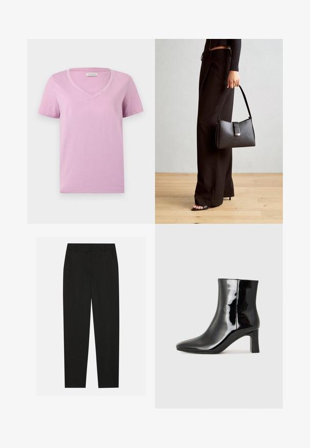 T-maica kratkih rukava lavande boje s V-izrezom, izrađena od mekanog materijala, koja se odlikuje glatkom teksturom i jednostavnim dizajnom bez uzoraka ili ukrasa.; Crne hlače s krojem po mjeri, s bočnim džepovima i ravnim nogavicama. Izrađene od glatkog, laganog materijala s elegantnim završetkom.; Crne lakirane kožne gležnjače s šiljastim prstom i srednje visokom blok petom. Glatka tekstura i minimalistički dizajn.; Crna torba s oblikom koji sadrži strukturu, glađu teksturu i metalnu kopču. Uparena s širokim crnim hlačama i sandalama na otvorenom s drvenog poda.