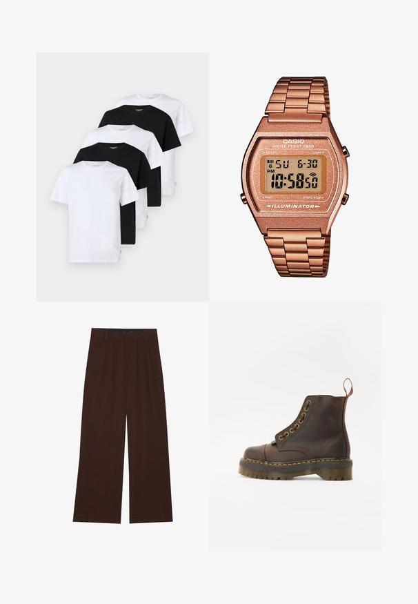 Cinque t-shirt a girocollo, due bianche e tre nere, realizzate in cotone. Maniche corte, vestibilità standard, con etichette visibili all'orlo.; Pantaloni larghi marroni con pieghe. Realizzati in un tessuto liscio, presentano una vita sagomata e tasche laterali. Orlo piatto in fondo.; Stivale alla caviglia in pelle marrone con punta tonda, cuciture gialle a contrasto, occhielli decorativi in metallo e suola in gomma scanalata.; Orologio digitale Casio con cinturino in metallo rosa dorato, cassa rettangolare, display illuminato e resistenza all'acqua, che mostra l'ora e la data.