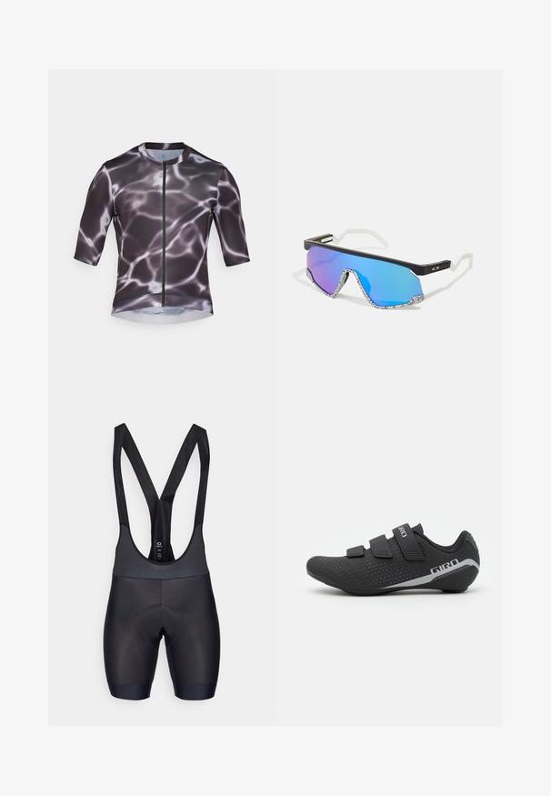Maillot de cyclisme à manches courtes noir et gris avec un motif aquatique, doté d'une fermeture éclair sur le devant et d'un tissu lisse et extensible.; Shorts de cyclisme noirs en bretelles avec un tissu texturé, chamois rembourré pour le confort et bretelles réglables. Finition lisse et design ajusté.; Giro STYLUS - Chaussures de cyclisme - black; Lunettes de sport avec une monture noire, des accents blancs et des verres miroitants dégradés bleus. Branches texturées avec un motif blanc et noir.