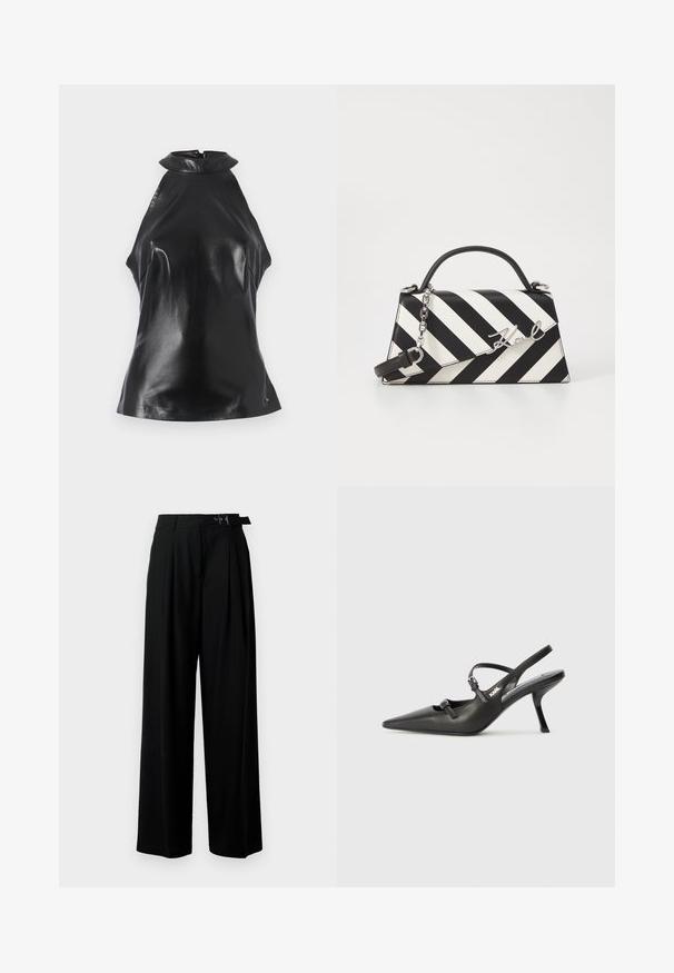 Black sleeveless top made of glossy leather with a high collar and back zipper. Features a smooth texture and fitted shape.; Black wide-leg trousers with a high waist, pleats at the front, and a belt featuring a buckle. Made from smooth, lightweight fabric.; Black leather slingback heels with a pointed toe, slender heel, and decorative buckle detail on the vamp. Smooth texture and sleek design.; Black and white striped handbag with a structured shape, featuring a top handle, a detachable chain strap, and metallic logo accent.