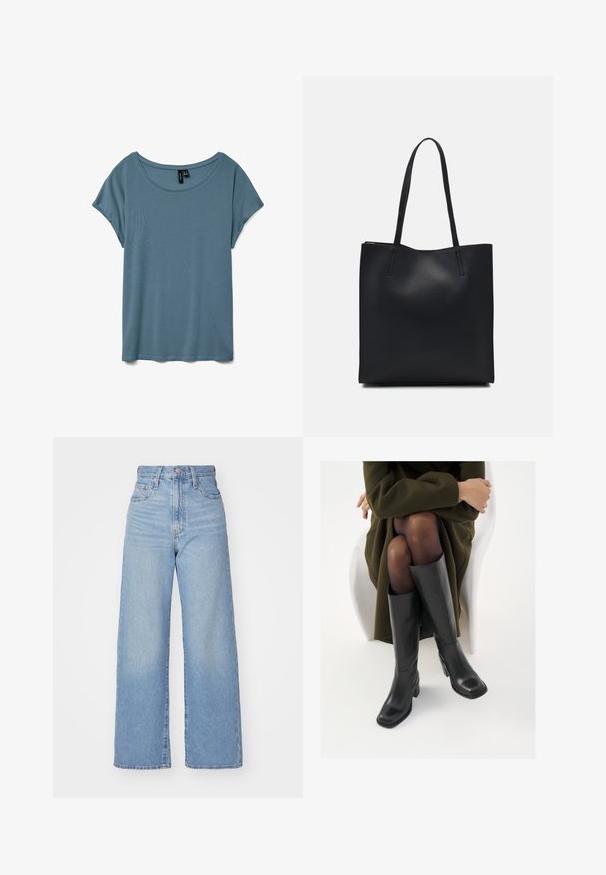 T-shirt med scoop-neck og korte ærmer i en dæmpet blå farve. Lavet af blødt, let materiale med en glat tekstur og løs pasform.; Lyseblå højtaljede bukser med bred benåbning, med frontknap og lynlås, samt for- og baglommer, på en hvid baggrund.; Knæhøje sorte læder støvler med firkantet tå og blokhæl, vist med en model siddende i en olivengrøn frakke. Glat tekstur, minimal detaljer.; Sort læder tote taske med glat tekstur, rektangulær form og to lange hanke. Ingen synlig hardware eller udsmykninger.