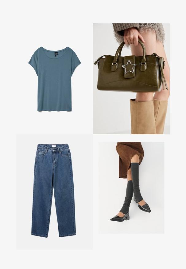 Scoop-collarin lyhythihainen t-paita hillityssä sinisessä värissä. Valmistettu pehmeästä, kevyestä kankaasta, jossa on sileä pinta ja rento istuvuus.; Classiset siniset farkut suoran lahkeen muotoilulla, viidellä taskulla ja napillakaan. Ominaisuudet: keskivahva pesu ja kestävä rakenne.; Musta lakattu nahkakengät teräväkärkisillä, leveällä kantapäällä ja nilkkahihnalla, yhdistettynä harmaisiin ribattuihin säärystimiin ja ruskeaan mokkasiinimekkoon.; Vihreä oliivinvärinen mokkanahkainen käsilaukku, jossa on hopeinen tähti koristeena, kaksinkertaiset kahvat ja vetoketjusulku. Teksturoitu pinta ja rakenteellinen muoto.