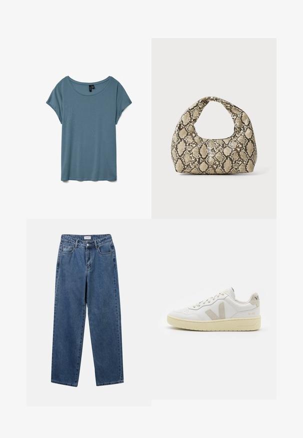 T-shirt met scoop neckline en korte mouwen in een gedempte blauwe kleur. Gemaakt van zachte, lichte stof met een gladde textuur en een ontspannen pasvorm.; Klassieke blauwe denim jeans met een rechte pijp, vijf zakken en een knoopsluiting. Heeft een middelgrote wasbeurt en stevige textuur.; Witte leren sneaker met beige suède accenten, geperforeerde neus, platte veters en een gestructureerde crèmekleurige zool. Heeft subtiele branding op de hak.; Slangpatroon handtas met een gebogen handvat. Gemaakt van gestructureerde, beige en bruine materialen, met een kenmerkend ruitpatroon.