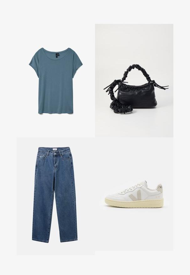 T-shirt met scoop neckline en korte mouwen in een gedempte blauwe kleur. Gemaakt van zachte, lichte stof met een gladde textuur en een ontspannen pasvorm.; Klassieke blauwe denim jeans met een rechte pijp, vijf zakken en een knoopsluiting. Heeft een middelgrote wasbeurt en stevige textuur.; Witte leren sneaker met beige suède accenten, geperforeerde neus, platte veters en een gestructureerde crèmekleurige zool. Heeft subtiele branding op de hak.; Zwarte nepleer handtas met een krokodillenstructuur, opgedroogde bovenkant en een gekreukte hengsel. Het lijkt zacht en compact van ontwerp.