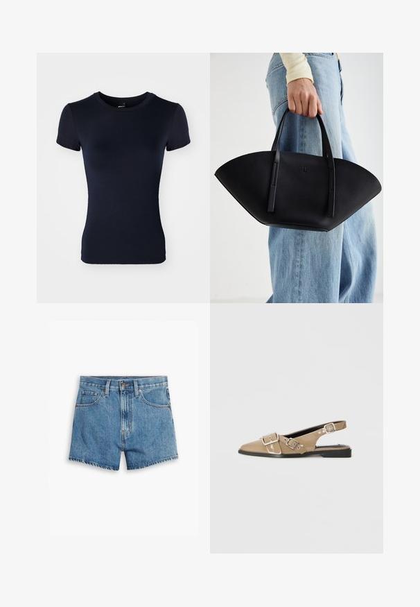 Navyblaues T-Shirt mit kurzen Ärmeln, hergestellt aus glattem, elastischem Stoff. Verfügt über einen Rundhalsausschnitt und eine schmale Silhouette. Keine Muster oder Akzente.; Hellblaue Denim-Shorts mit fünf Taschen, einem Reißverschluss und einem Knopfverschluss. Der Saum ist fransig und das Design bietet eine lässige Passform.; Beige patentierte Slingback-Schuhe mit spitzem Zehenbereich, zwei verstellbaren Schnallen und einem niedrigen schwarzen Absatz. Glatte Textur mit glänzender Oberfläche.; Schwarze Lederhandtasche mit einzigartiger Fächerform, ausgestattet mit flachen Griffen. Die Oberfläche hat eine genoppte Textur und ein minimalistisches Design.