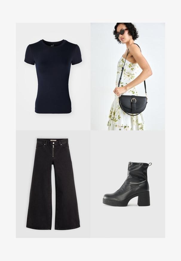 Mornarče plava majica s kratkim rukavima izrađena od glatkog, rastezljivog materijala. Ima okrugli izrez i uski kroj. Bez uzoraka ili detalja.; Široke traperice od crnog denima s prednjim zatvaračem, dizajnom s pet džepova i suptilnim detaljima šivanja. Glatka tekstura i ležeran stil.; Crne gležnjače od glatke kože, s bočnim zatvaračem, debelim teksturiranim potplatom i dizajnom s zaobljenim prstima.; Crna kožna torba s lukovitim oblikom, odvojivim remenom i zlatnim detaljima. Torba ima preklop s kopčom.