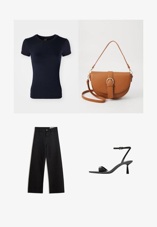 Temno modra majica s kratkimi rokavi, izdelana iz gladkega, raztegljivega blaga. Ima okroglo ovratnik in prilegajoč silhueto. Brez vzorcev ali dodatkov.; Črne široke denim hlače z visokim pasom, ki imajo sprednje in zadnje žepe, šivane šive ter gumbasto zapiranje. Gladka tekstura.; Bershka Sandali z visoko peto - black; Rjava usnjena torbica prek telesa s ukrivljeno obliko, zlate opreme in sponko. Ima odstranljiv naramni trak.