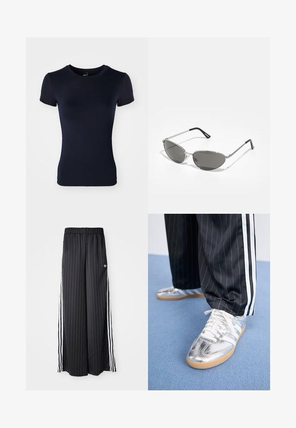 Navyblauwe t-shirt met korte mouwen, gemaakt van gladde, rekbare stof. Heeft een ronde halslijn en een getailleerde pasvorm. Geen patronen of accenten.; Zwarte wijde broek met verticale witte strepen, elastische tailleband en drie witte strepen aan de zijkant. Adidas-logo aan de voorkant.; Metalen zilveren sneakers met witte veters en drie witte strepen, gecombineerd met zwarte streepd pants. Gumaansluiting accent aan de onderkant.; Zonnebril met een slank, zilveren metalen frame, grijs getinte lenzen en een aerodynamisch ontwerp met puntige randen en dunne pootjes.; Zwarte gewatteerde tote bag met een grote opening, gebogen vormen op het oppervlak en een label met gele en witte tekst aan de voorkant.
