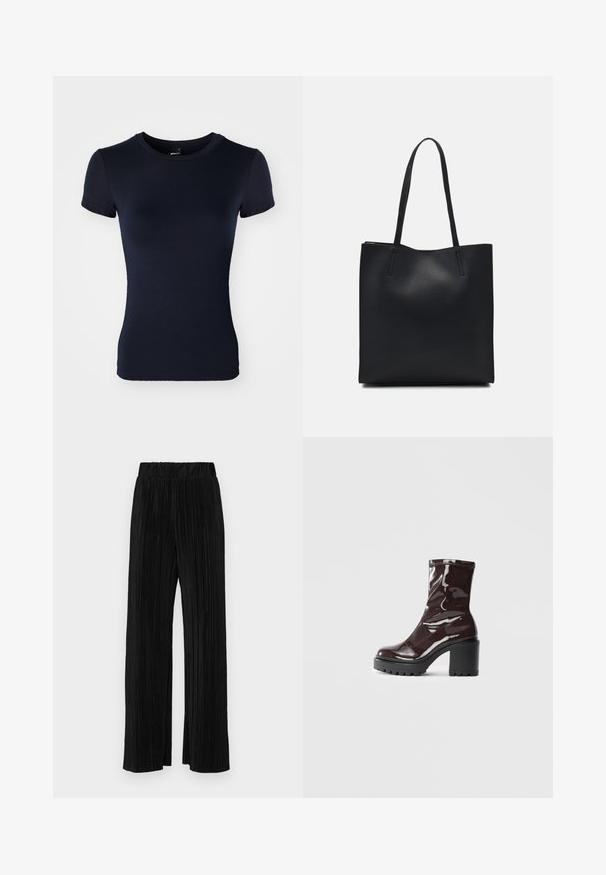 Marineblå kortærmet t-shirt lavet af glat, strækbart stof. Har en rund halsudskæring og en tætsiddende silhuet. Ingen mønstre eller accenter.; Sorte plisserede bukser med elastisk talje. Har brede ben og et glat, tekstureret stof med lodrette striber.; Glatte burgunder ankelstøvler med en chunky sort hæl, der har en glat tekstur og et simpelt design. Ingen synlige lukninger eller mønstre.; Sort læder tote taske med glat tekstur, rektangulær form og to lange hanke. Ingen synlig hardware eller udsmykninger.