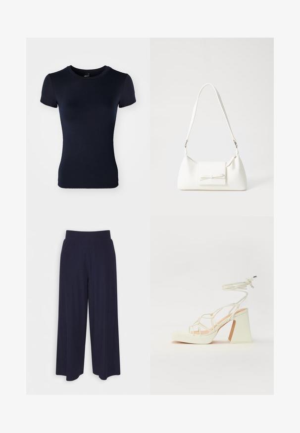 Tumesinine lühikeste varrukatega T-särk, mis on valmistatud siledast ja venivast kangast. Omab ümarat kaelust ja sobivat siluetti. Ilma mustrite või aksessuaarideta.; Tumed põlvpüksid tumedast meresinisest kangast, millel on sooneline tekstuur. Omab sujuvat vööd ja voolavat siluetti, ulatudes pooleni säärest.; Valged kõrge kontsaga sandaalid, millel on paks konts ja rihmadega disain koos pahkluu sidumisega. Sile tekstuur ja platvorm ees, et lisada kõrgust.; Valge sünteetilisest materjalist kott kolmnurkse kujuga, lame esiklapiga ja kaaredetailiga, reguleeritava rihmaga, sileda tekstuuriga ja minimalistliku disainiga.