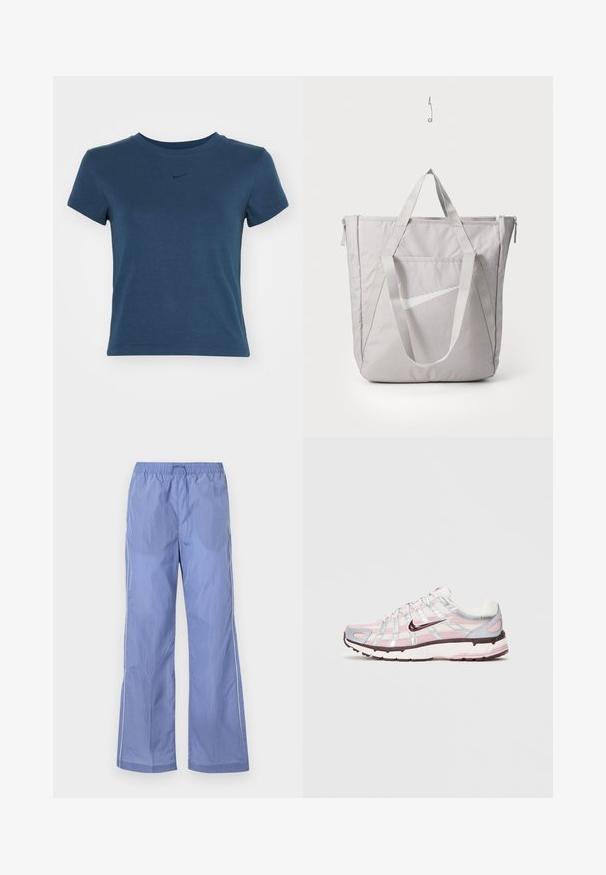 T-shirt de manga curta azul-marinho feito de um tecido suave, com decote redondo e um pequeno logótipo no peito numa tonalidade mais escura de azul.; Calças leves azuis com cintura elástica, apresentando um corte solto e detalhes laterais. Feitas de material suave e durável.; Sapatilha Nike P-6000 branca, rosa e prata com parte superior em malha, detalhes refletivos e logótipo swoosh roxo escuro, numa fundo claro e liso.; Saco tote cinza com alças reforçadas, bolso frontal com fecho éclair e o logo white swoosh da Nike. Feito de um tecido durável com uma textura suave.