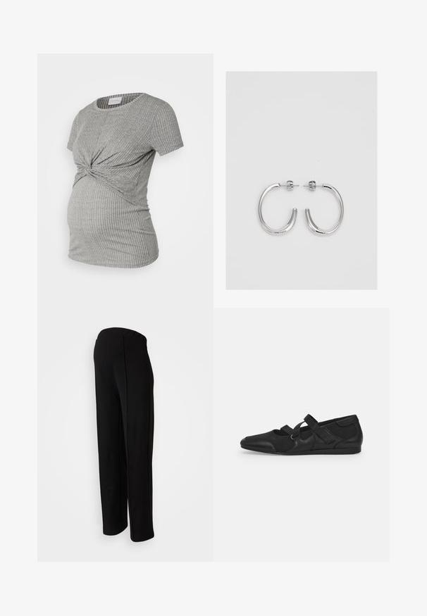 MAMALICIOUS MLANLI JUNE - Trükipildiga T-särk - oatmeal melange; Mustad, kõrge vöökoht, sirge lõikega mustad püksid, millel on sile tekstuur ja nähtamatud kinnitused, rõhutatud külgõmbluste detailidega.; Mustad mustad kingad pehme ja tekstuurse pealmise osaga, millel on kaks reguleeritavat rihma ja ümmargune toe disain, paigaldatud tasasele kummist tallale.; Hõbedased rõngaskõrvarõngad, millel on sile ja läikiv pind. Ümar kuju, kerge disain, millel on post-tagumise kinnituse süsteem.