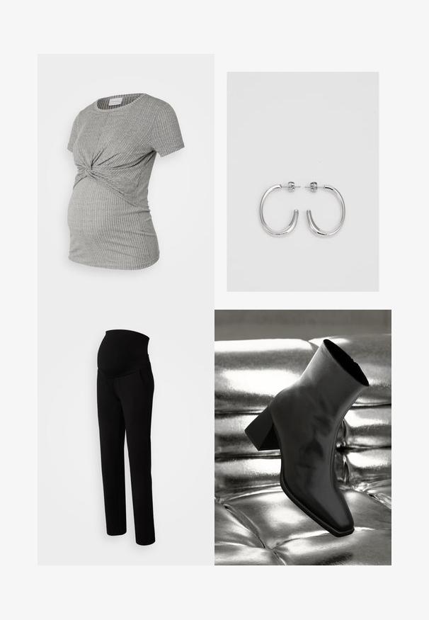 MAMALICIOUS MLANLI JUNE - Tričko s potlačou - oatmeal melange; Tehotenské nohavice v čiernej farbe, so strečovým pásom pre pohodlie, bočnými vreckami, rovnou nohavicou a mäkkou textúrou látky.; Čierne členkové topánky vyrobené z lesklého materiálu so štvorcovou špičkou a zúženým podpätkom, na lesklom striebornom podklade s vystuženým vzorom.; Strieborné kruhové náušnice s hladkým a lesklým povrchom. Okrúhly tvar, ľahký dizajn, s uzáverom na kolík.