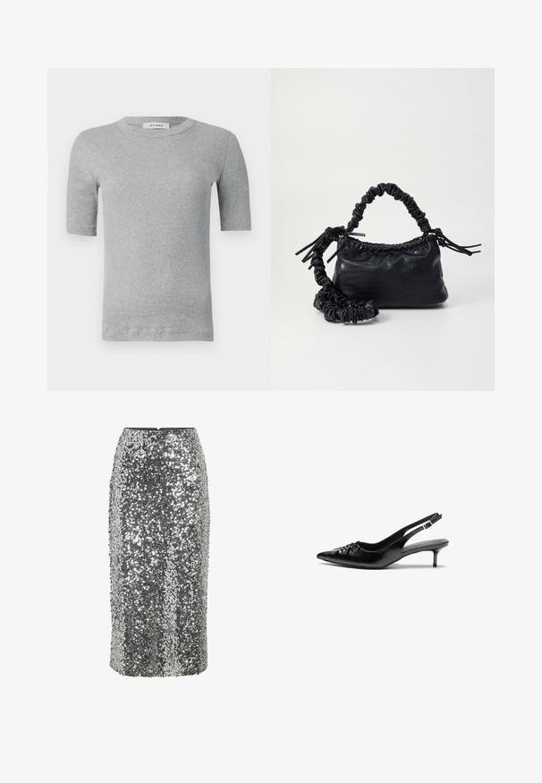 Camisa de manga corta gris hecha de tela acanalada. Presenta un escote redondo y un diseño ajustado con bordes limpios y un detalle minimalista.; Falda lápiz larga hasta la rodilla con lentejuelas plateadas, diseño ajustado y textura suave. Cuenta con una cremallera trasera oculta.; Tacones slingback de cuero negro con punta afilada, pequeño tacón kitten y un detalle de nudo decorativo en la parte frontal. Textura suave en toda la superficie.; Bolso de mano de imitación cuero negro con textura de cocodrilo, parte superior fruncida y correa arrugada. Presenta un diseño suave y compacto.