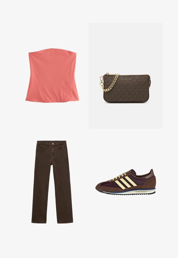 Tops iz raztegljivega materiala v koralnih tonih s preprosto, tubularno zasnovo. Mehka tekstura, brez vidnih šivov ali okrasnih elementov, primerna za plastenje.; Rjavi denim hlače s ravnim krojem, zasnovo s petimi žepi in kovinskim gumbom za zapiranje. Gladka tekstura, preprosti šivi.; Rjavi in rdeče-burgundske teniske iz usnja in mrežastega materiala, ki imajo tri smetane stripe, teksturirano blago na jeziku in gumijast podplat.; Rjava usnjena torba čez ramo z vzorcem logotipa, zlatim verigo, zadrgo in zlatimi dodatki. Kompaktna in pravokotna oblika.