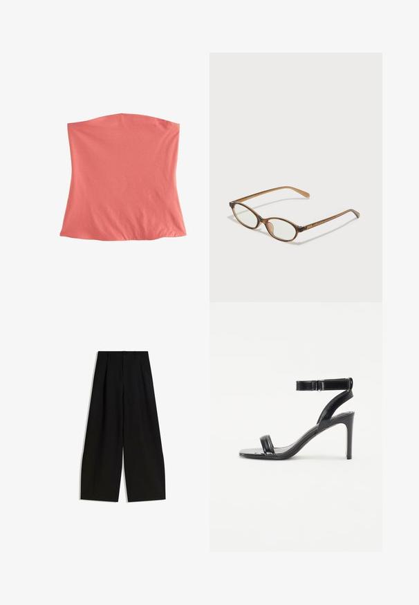 Koralfarvet, strækbart stof-top med et enkelt, cylindrisk design. Blød tekstur, ingen synlige sømme eller accenter, velegnet til lagdeling.; Sorte bredbenede bukser lavet af glat stof, med høj talje, læg foran, og uden synlige dekorationer eller mønstre.; Sorte hælede sandaler med en blank finish, der har to slanke stropper og en ankelrem, placeret på en slank stilettohæl.; Brune skildpaddemønstrede briller med ovale linser, tynde arme og gennemsigtige accenter. Har et diskret logo på stangen. Slankt, let design.