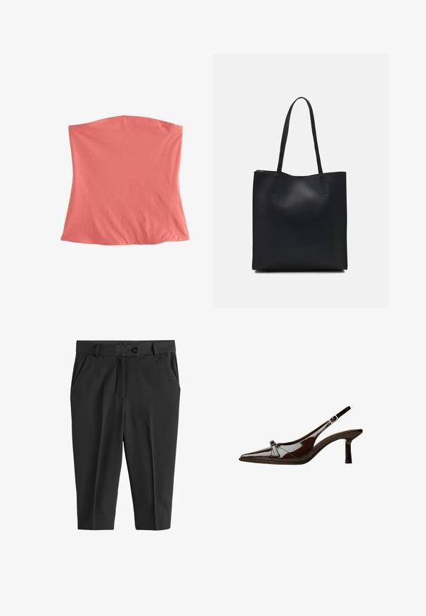 Korallenfarbener, dehnbarer Stofftop mit einem einfachen, röhrenförmigen Design. Weiche Textur, keine sichtbaren Nähte oder Akzente, geeignet zum Schichten.; Schwarze maßgeschneiderte Hose mit vorderen Falten, Knopfverschluss und seitlichen Taschen. Glattes Material, verkürzte Länge und eine stromlinienförmige Silhouette.; Braune Lackleder-Slingback-Schuhe mit spitzem Zehenbereich, niedrigem Absatz und einer dekorativen Schleifenakzent an der Vorderseite. Glatte, glänzende Textur.; Schwarze Laptoptasche aus Leder mit glatter Textur, rechteckiger Form und zwei langen Griffen. Keine sichtbaren Beschläge oder Verzierungen.