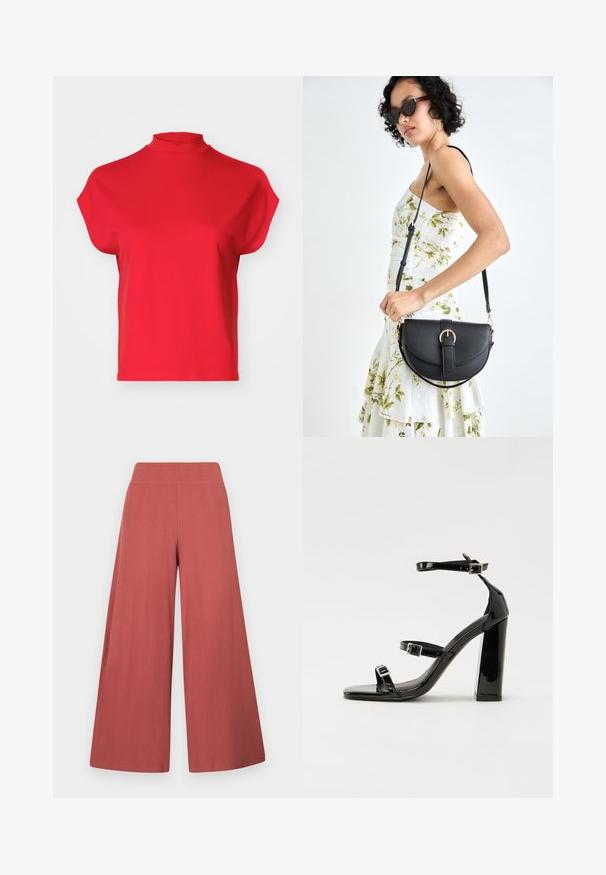 Top curto de manga curta vermelho com gola alta. Feito de um tecido liso com um design simples e sem embellishments. Forma boxy com ajuste relaxado.; Calças de perna larga em tom ferrugem, feitas em tecido texturizado com nervuras verticais. Possuem um cós alto e elástico.; Sandálias pretas de verniz com salto alto, duas fivelas, biqueira quadrada e salto largo, apresentando uma textura lisa e brilhante.; Bolsa de couro preta com forma curva, alça destacável e detalhes em dourado. A bolsa possui uma aba com detalhe de fivela.