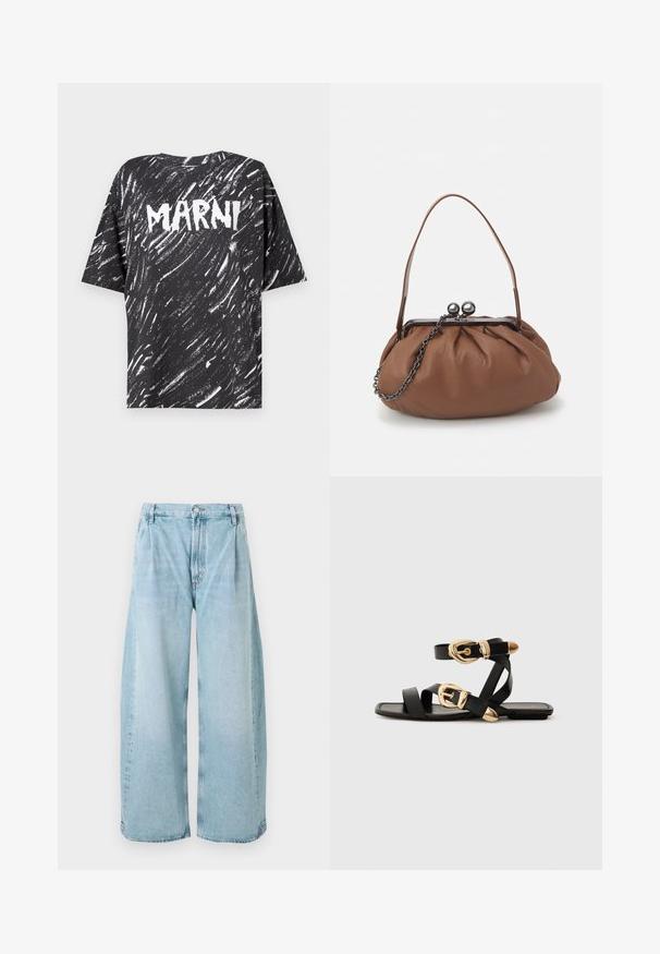 Čierne bavlnené oversized tričko s bielym pruhovaným vzorom a výrazne zobrazeným logom "MARNI" na chrbte. Krátke rukávy a okrúhly výstrih.; Svetlomodré denimové nohavice s širokými nohavicami a sklady vpredu, s uzatváraním na gombík a rovnými lemami, s vyblednutou štruktúrou po celom povrchu.; Čierne kožené sandále so zlatými prackami, s viacerými pásikmi a plochou podrážkou pre otvorené nosenie.; Hnedá kožená kabelka so zhrnutým dizajnom, krátkym koženým uchom a reťazovým popruhom. Obsahuje strieborný kovový zapínací mechanizmus s dvoma okrúhlymi akcentami.