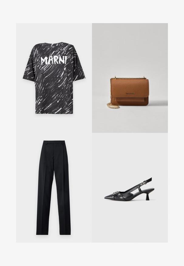 Must värvitud oversized t-särk valgete triipudega mustal taustal ning tagaküljel on silmapaistev "MARNI" logo. Lühikesed varrukad ja ümmargune kaelus.; Mustad püksid siledast kangast, millel on kõrge vöökoht, laiad jalad, esimesed kortsud ja klassikalised vööloopid. Küljepockets pole nähtavad.; Must must have must toote tõmblukuga, dekoratiivsed rihmad metallist silmadega ja madal blokk-kand. Tekstureeritud pind.; Pruun tekstureeritud nahk ristkeha kott kuldse ahelaga rihmaga ja klapiga sulgemine. Esiküljel on logo detail ja tasku klapi all.
