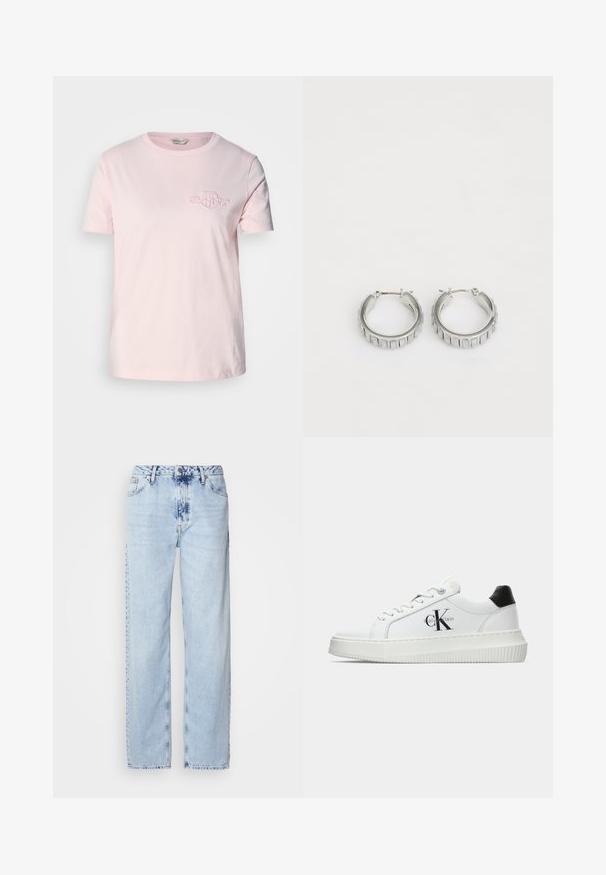 Camiseta de color rosa claro hecha de algodón, con mangas cortas, un escote redondo y un pequeño logotipo bordado en el lado izquierdo del pecho.; Jeans de pierna ancha en azul claro, confeccionados en denim, con una cintura alta, un lavado desgastado y un sutil patrón de tie-dye en la parte delantera.; Zapatilla baja blanca con talón negro, suela de plataforma, cordones y logotipo "CK" de Calvin Klein en el lado.; Pendientes de aro plateados con un diseño texturizado que presenta estrías verticales. Forma circular con un cierre de seguridad. Acabado suave.