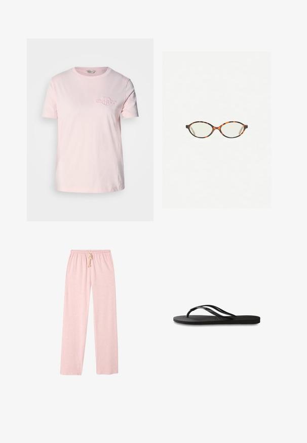 Ljusrosa T-shirt i bomull med korta ärmar, rund halsringning och en liten broderad logotyp på vänster bröst.; Ljusrosa, bomullsloungebyxor med lös passform, elastisk midja och dragsko. Slät textur, helängdsdesign.; Svart flip-flop med en texturerad gummisula, två slanka remmar och en subtil, präglad logodetalj på remmen.; Sköldpaddsmönstrade glasögon med ovala linser och en elegant, slät yta. Har tunna sidor med en subtil kurva vid tinningarna. Klara linser.