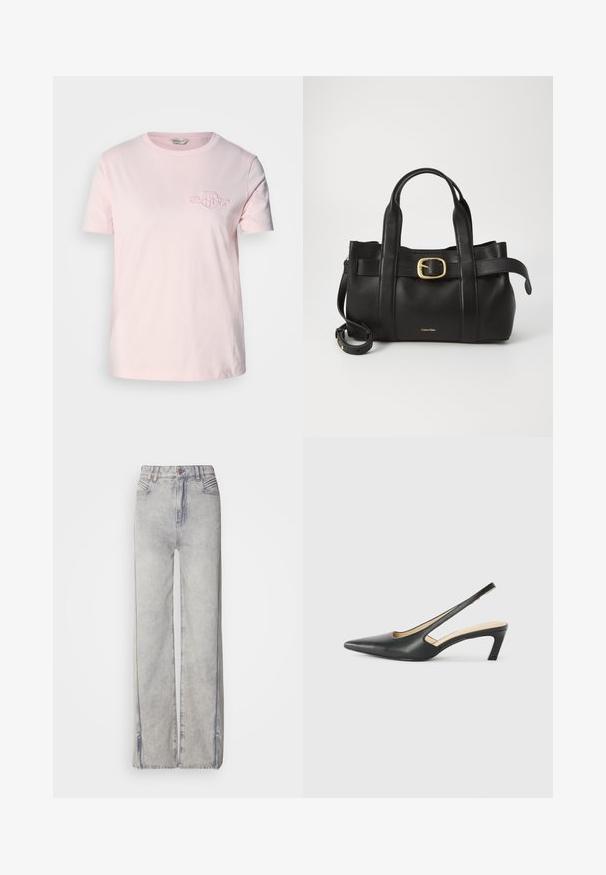 Light pink T-shirt made of cotton with short sleeves, a round neckline, and a small embroidered logo on the left chest.; Light blue wide-leg jeans made of denim with a faded wash, featuring a zipper fly, five pockets, and contrast stitching.; Black pointy-toed slingback shoe with a low heel, featuring smooth leather material and cut-out design on the side for breathability.; Black leather handbag featuring a structured design, dual top handles, gold-tone buckle accent, and embossed brand logo at the front.