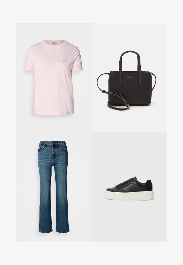 Jasnoróżowa koszulka z krótkim rękawem, wykonana z bawełny, z okrągłym dekoltem i małym haftowanym logo po lewej stronie na piersi.; Jeansy w kolorze niebieskim z wysokim stanem, wykonane z denimu, z prostym krojem nogawki, subtelnym efektem blaknięcia oraz standardowym zapięciem na guzik i zamek błyskawiczny.; Czarne skórzane trampki z zaokrąglonym czubkiem, białą platformą i czarnymi sznurówkami. Charakteryzują się subtelnym logo na pięcie i gładką fakturą.; Czarna torebka z dwoma krótkimi uchwytami i odpinanym paskiem na ramię. Gładki materiał przypominający skórę, z zamkiem błyskawicznym i detalem z logo.