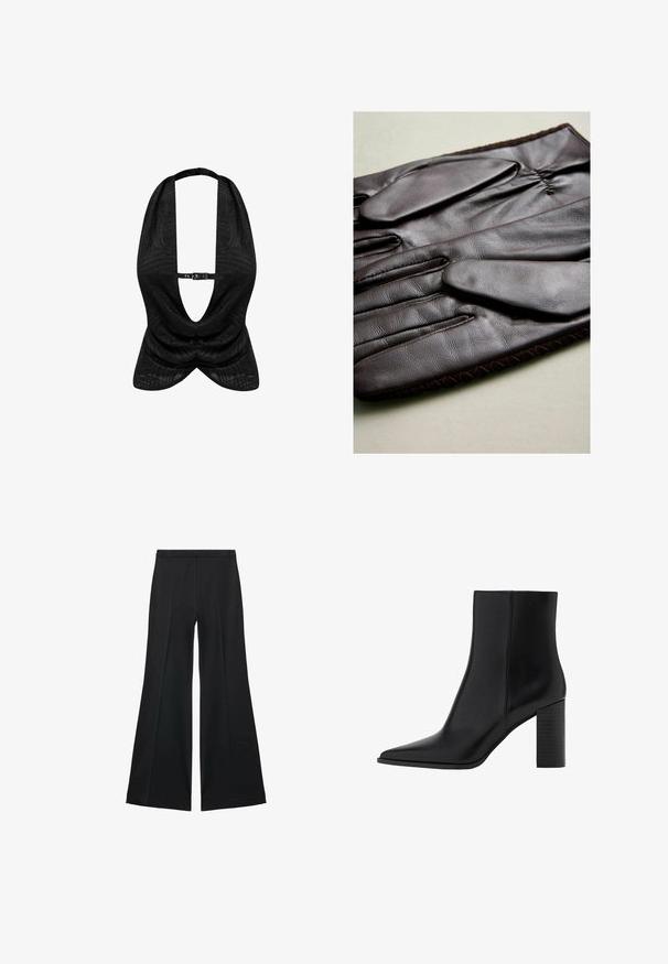 Schwarzes Trägershirt mit strukturiertem Muster, tiefem V-Ausschnitt und vornem Verschluss. Glattes Material mit drapiertem Design.; Schwarze weit geschnittene Hose mit glatter Textur, ausgestattet mit Frontfalten und einem taillierten Design. Der Stoff ist leicht und fließend.; Schwarze Leder-Ankle Boots mit spitzem Zehenbereich, quadratischem Absatz, glatter Textur und Nähten entlang der Nähte. Die Absätze messen ungefähr 8,9 cm.; Braune Lederhandschuhe mit glatter Textur, fünf Fingern, elastischem Handgelenk und dekorativer Naht entlang der Kante.