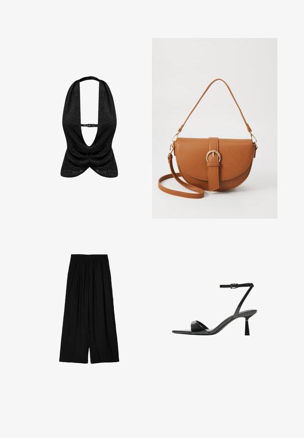 Black halter top featuring a textured pattern, deep V-neckline, and a front clasp closure. Smooth fabric with draped design.; Black wide-leg pants made of lightweight fabric, featuring an elastic waistband and soft, crinkled texture. Floor-length design.; Bershka High heeled sandals - black; Brown leather crossbody bag with a curved shape, gold hardware, and a buckle accent. Features a detachable shoulder strap.