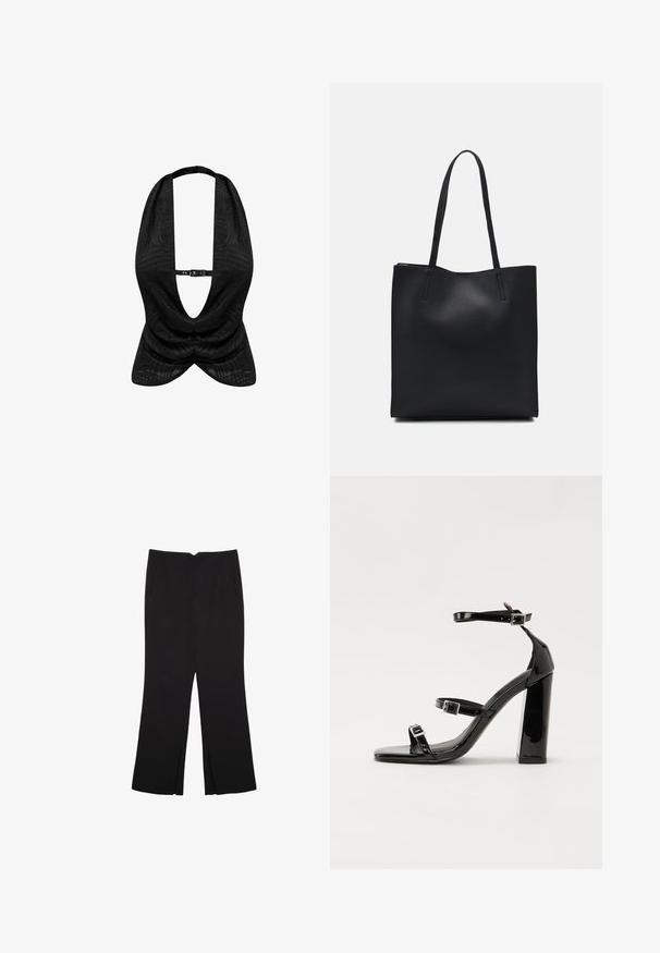Czarny top na halter z teksturowym wzorem, głębokim dekoltem w kształcie litery V i zapięciem na klamrę z przodu. Gładki materiał z efektownym krojem.; Czarne spodnie o prostym kroju, z przednimi kieszeniami i bocznymi rozcięciami na dole. Wykonane z miękkiego, gładkiego materiału. Odpowiednie na różne okazje.; Czarne lakierowane sandały na obcasie z kwadratowym noskiem, z paskami wokół kostki i srebrnymi klamrami. Posiadają masywny słupek dla stabilności.; Czarna skórzana torba tote o gładkiej fakturze, prostokątnym kształcie i dwóch długich uchwytach. Brak widocznych elementów metalowych i ozdób.