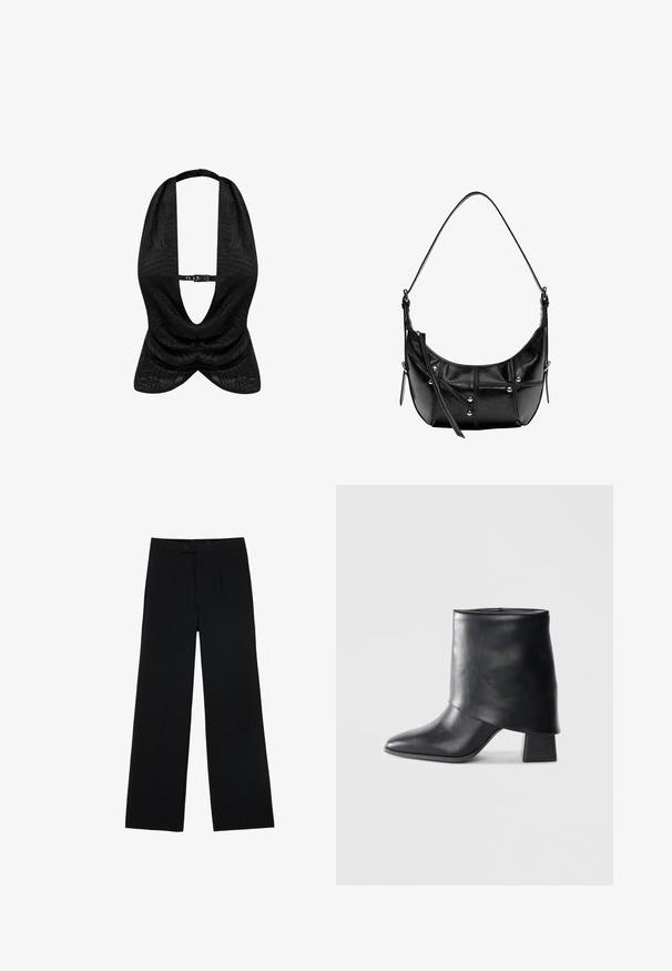Black halter top featuring a textured pattern, deep V-neckline, and a front clasp closure. Smooth fabric with draped design.; Black wide-leg trousers made of smooth fabric, featuring a front button closure and two pleats for added detail. Tailored design overall.; Black leather ankle boot with a pointed toe, smooth texture, and a structured block heel. Features a high, folded cuff design.; Black leather shoulder bag with a curved shape, featuring silver studs and stitch detailing. Adjustable strap for versatility.